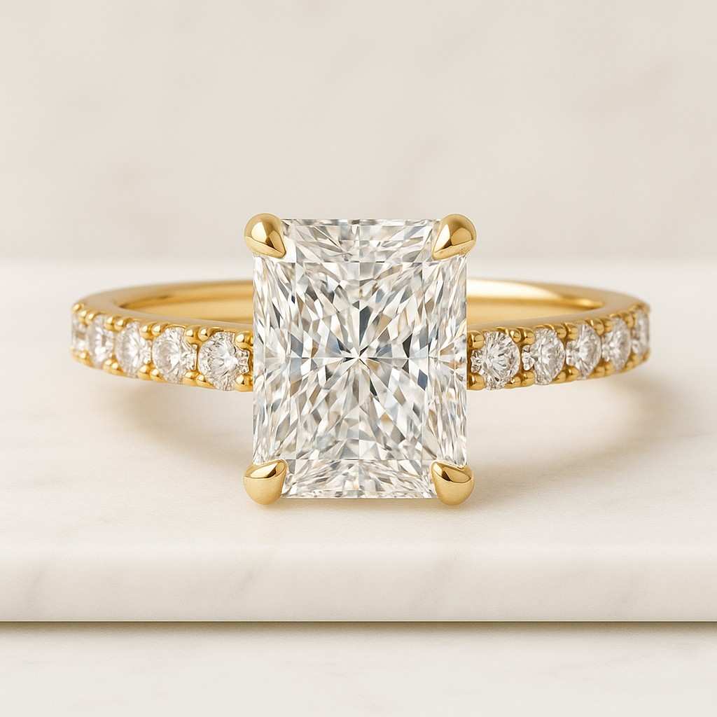 Hidden Halo Engagement Ring IGI Certified Radiant Cut Lab Grown Diamond