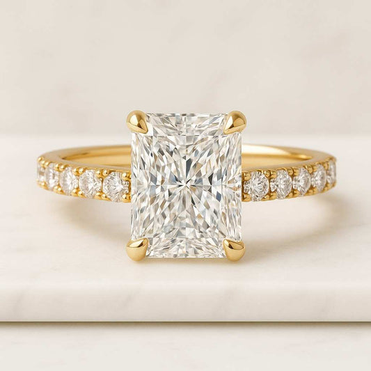 Hidden Halo Engagement Ring IGI Certified Radiant Cut Lab Grown Diamond