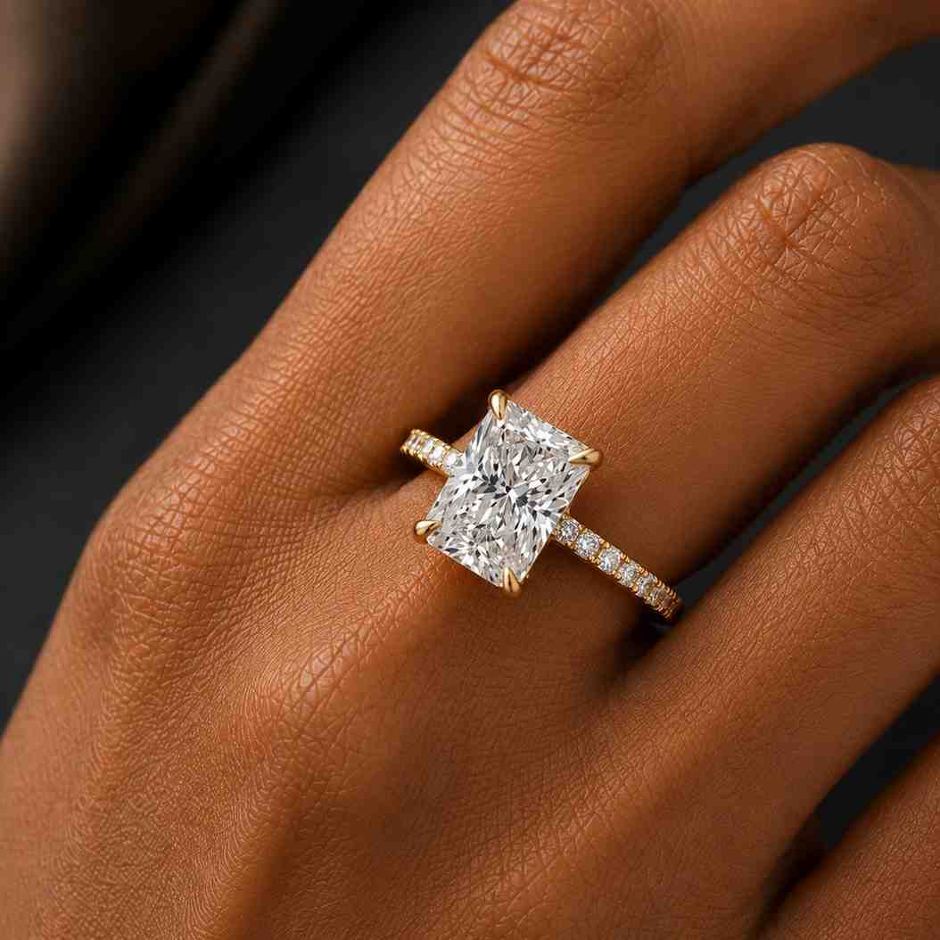 hidden halo engagement ring, igi certified radiant cut lab grown diamond, invisible halo-pave wedding ring, handmade jewelry by diamondrensu