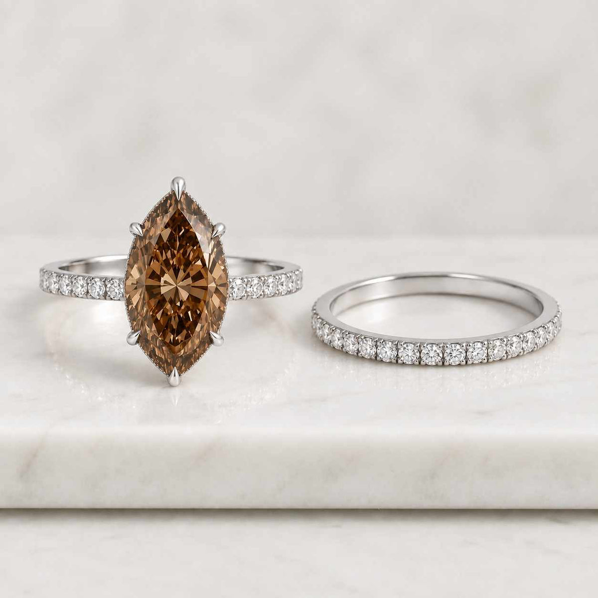 Hidden Halo Radiant Cut Moissanite Engagement Ring, Solid Gold Bridal Set, Marquise & Round Cut Wedding Band
