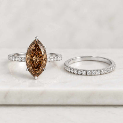 Hidden Halo Radiant Cut Moissanite Engagement Ring, Solid Gold Bridal Set, Marquise & Round Cut Wedding Band
