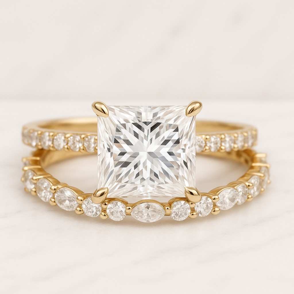 hidden halo wedding ring pave set half eternity ring set
