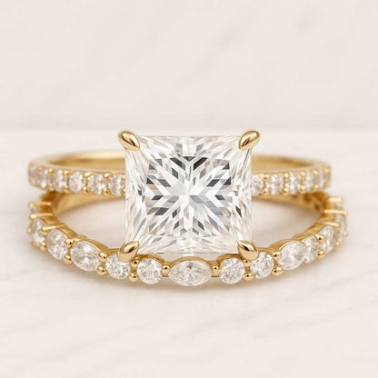 Hidden Halo Wedding Ring Pave Set Half Eternity Ring Set