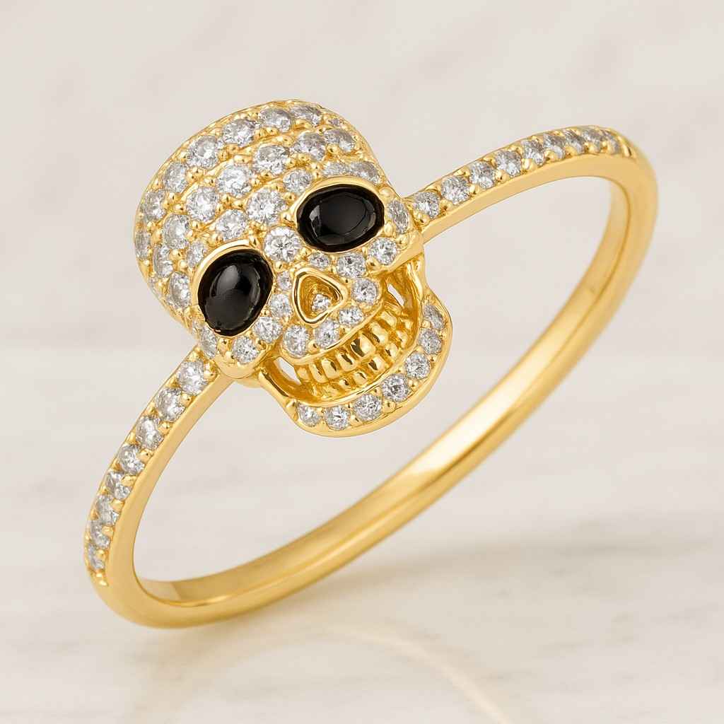 Horror Half Eternity Skull Wedding Ring Yellow Gold Round Moissanite Ring Edgy Style Wedding Band Gothic Statement Ring