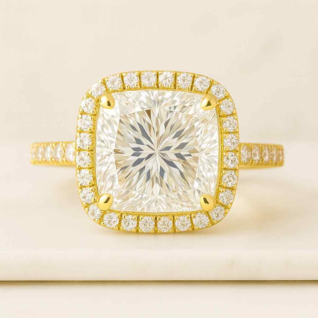 IGI Certified Square Cushion Cut Lab Grown Diamond Engagement Ring 14k White Gold Low Full Round Hidden Halo