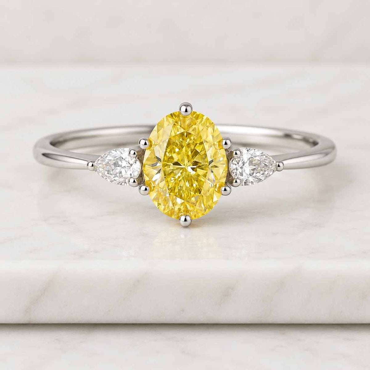 igi certified 2 ct fancy yellow oval lab grown diamond ring, 14k gold three stone cadillac cut engagement ring, anniversary ring for her