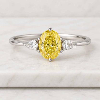 IGI Certified 2 Ct Fancy Yellow Oval Lab Grown Diamond Ring, 14K Gold Three Stone Cadillac Cut Engagement Ring, Anniversary Ring for her