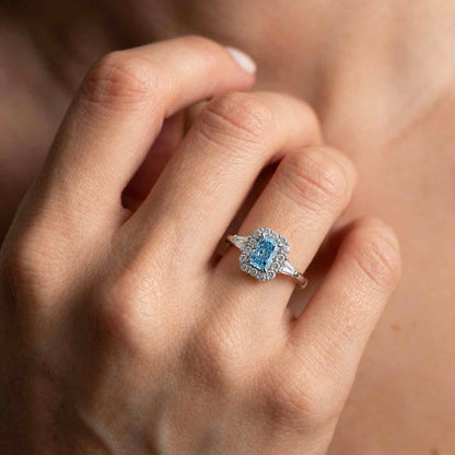 IGI Certified Blue Lab Diamond Engagement Ring: Sunburst Halo, Vintage Snowflake Design
