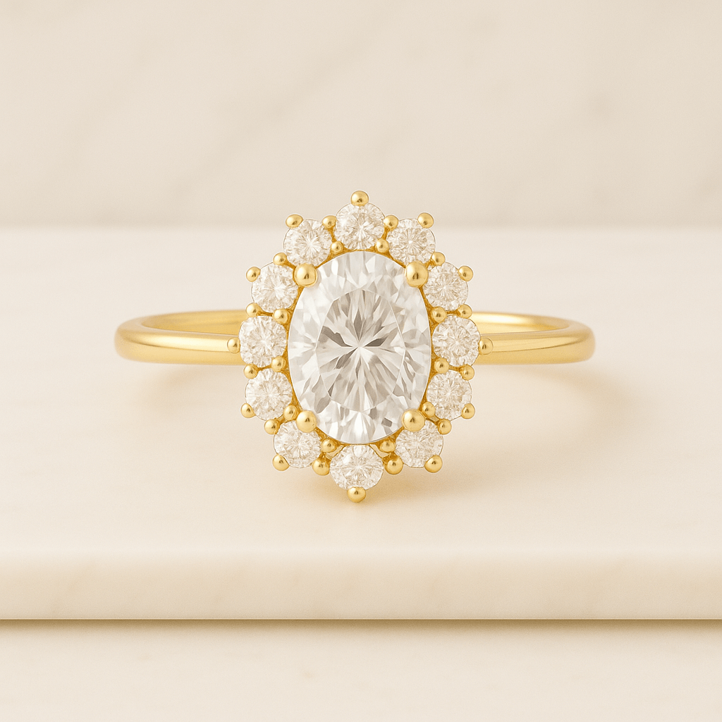 IGI Certified E VVS2 Oval Lab Grown Diamond Hidden Halo Engagement Ring Set