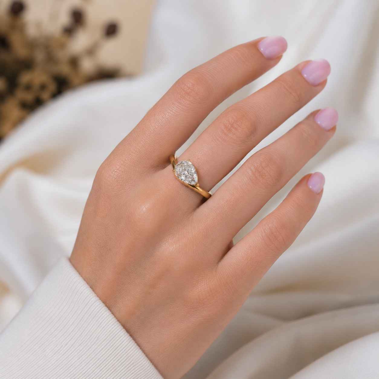 igi certified engagement ring pear diamond ring lab grown diamond ring round side stone anniversary gift solid gold ring