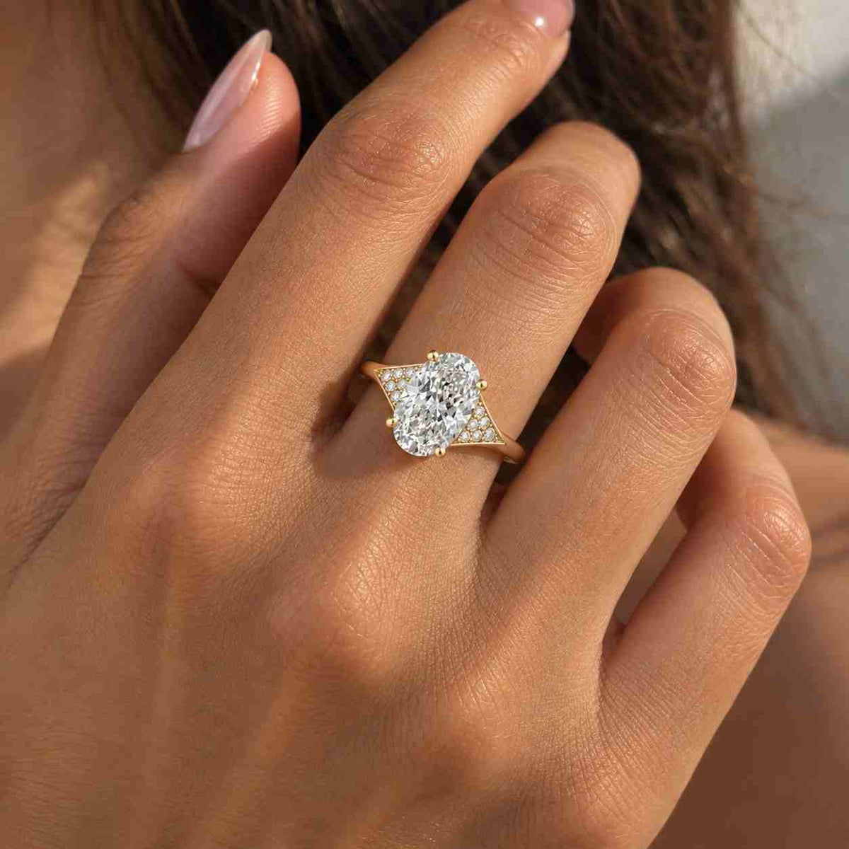 igi certified lab grown oval diamond engagement ring hidden halo, pavé band