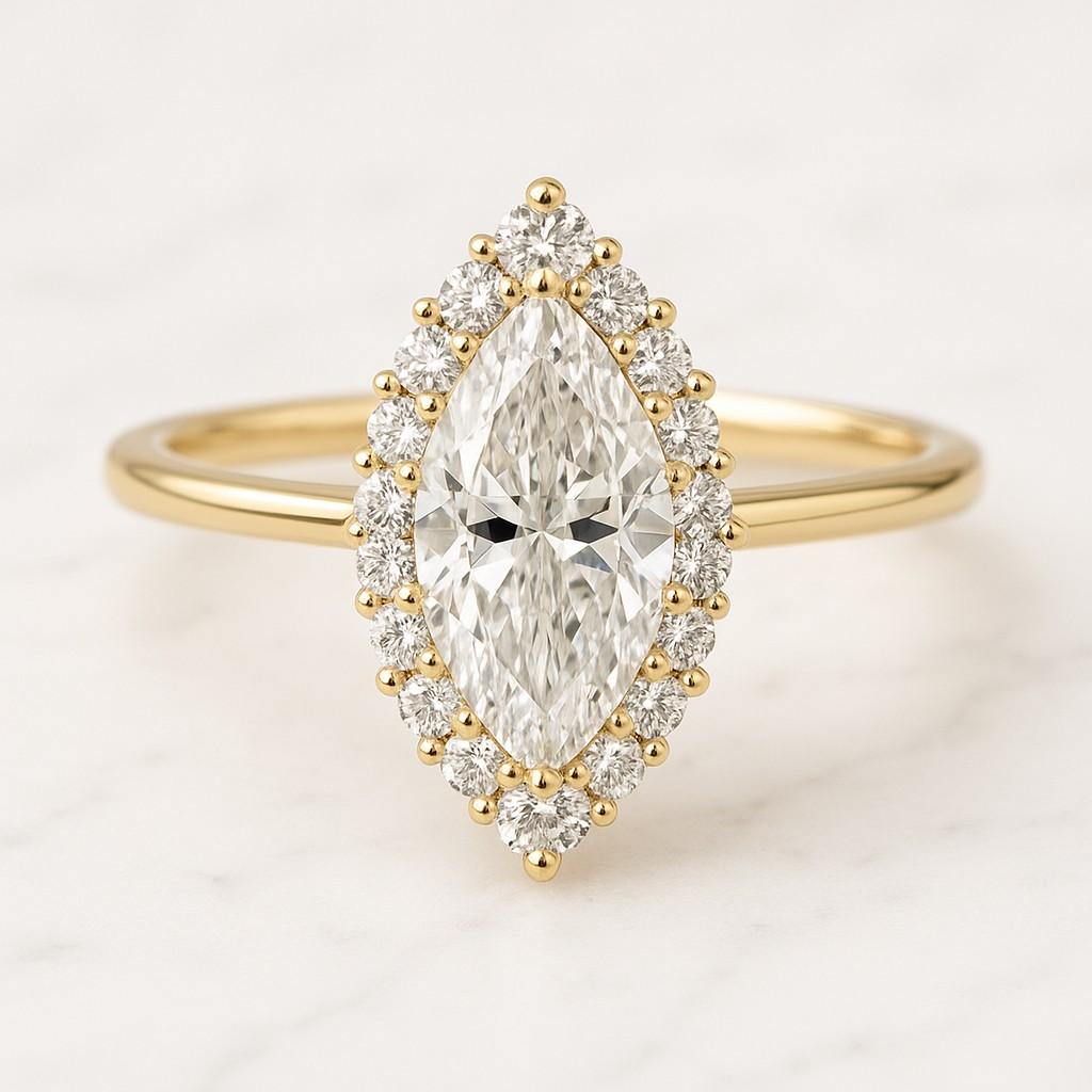 IGI Certified Marquise Cut IGI Certified Lab Grown Diamond Engagement Ring  Round Cut Halo CVD Diamond Accent Wedding Ring Marquise Cut Bezel Halo Moissanite Engagement Ring, Vintage Style Round Moissanite Halo Set Wedding
