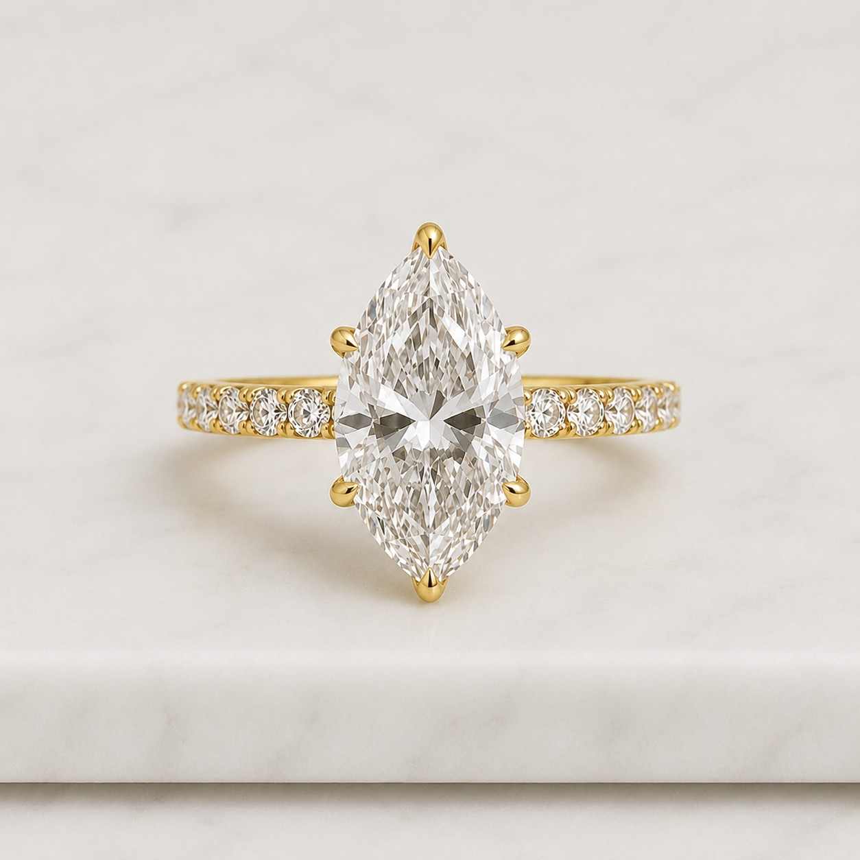 igi certified marquise lab grown diamond engagement ring, solitaire pave 18k gold ring, e vvs2
