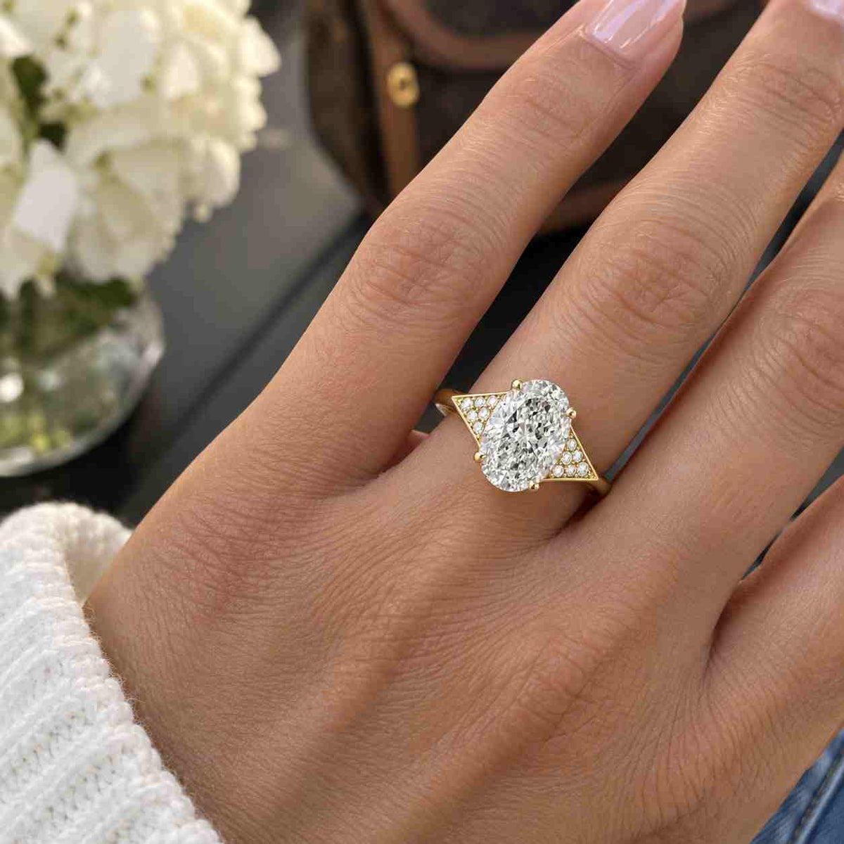 igi certified oval lab grown diamond engagement ring hidden halo, pavé band