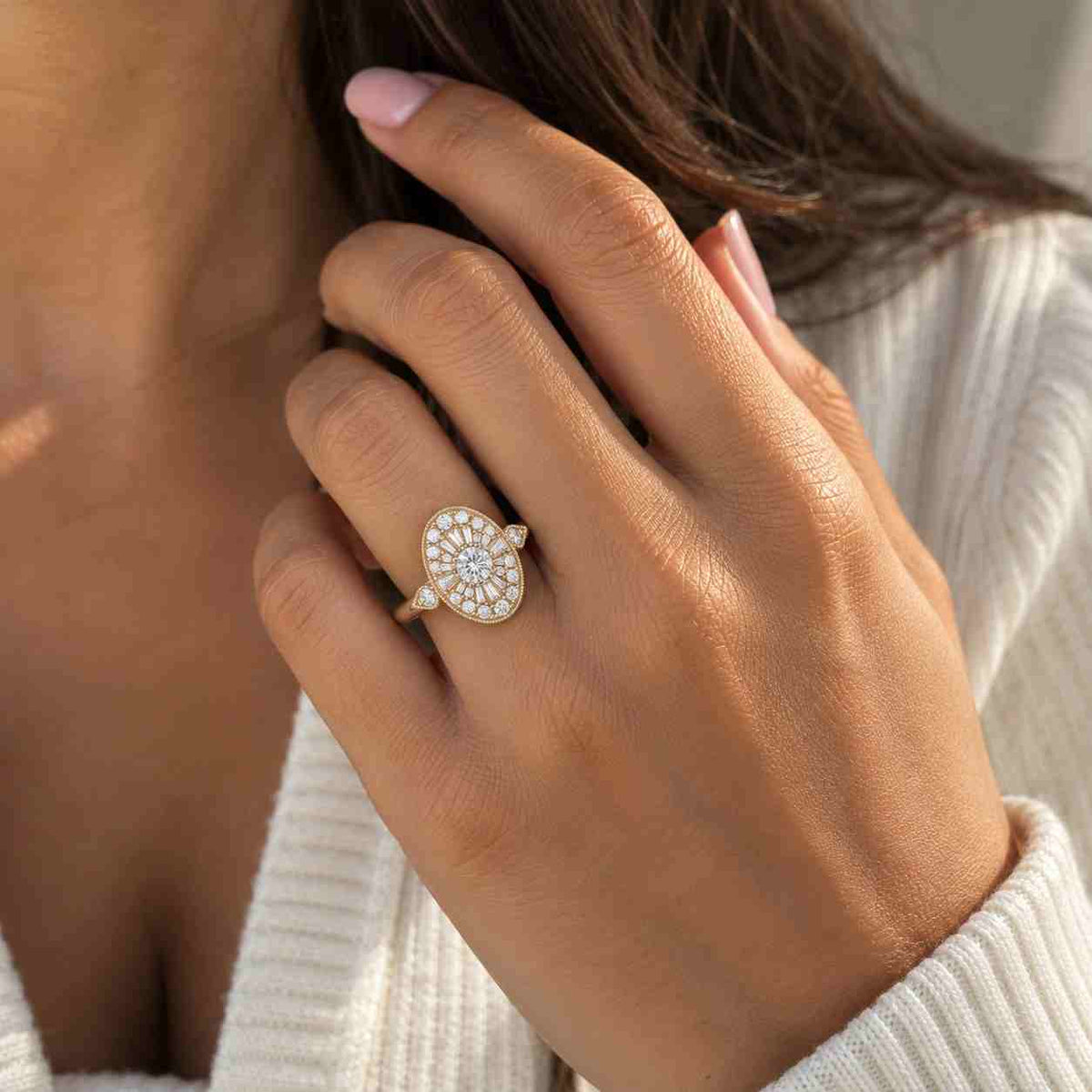 igi certified oval lab grown diamond engagement ring hidden halo, pavé band