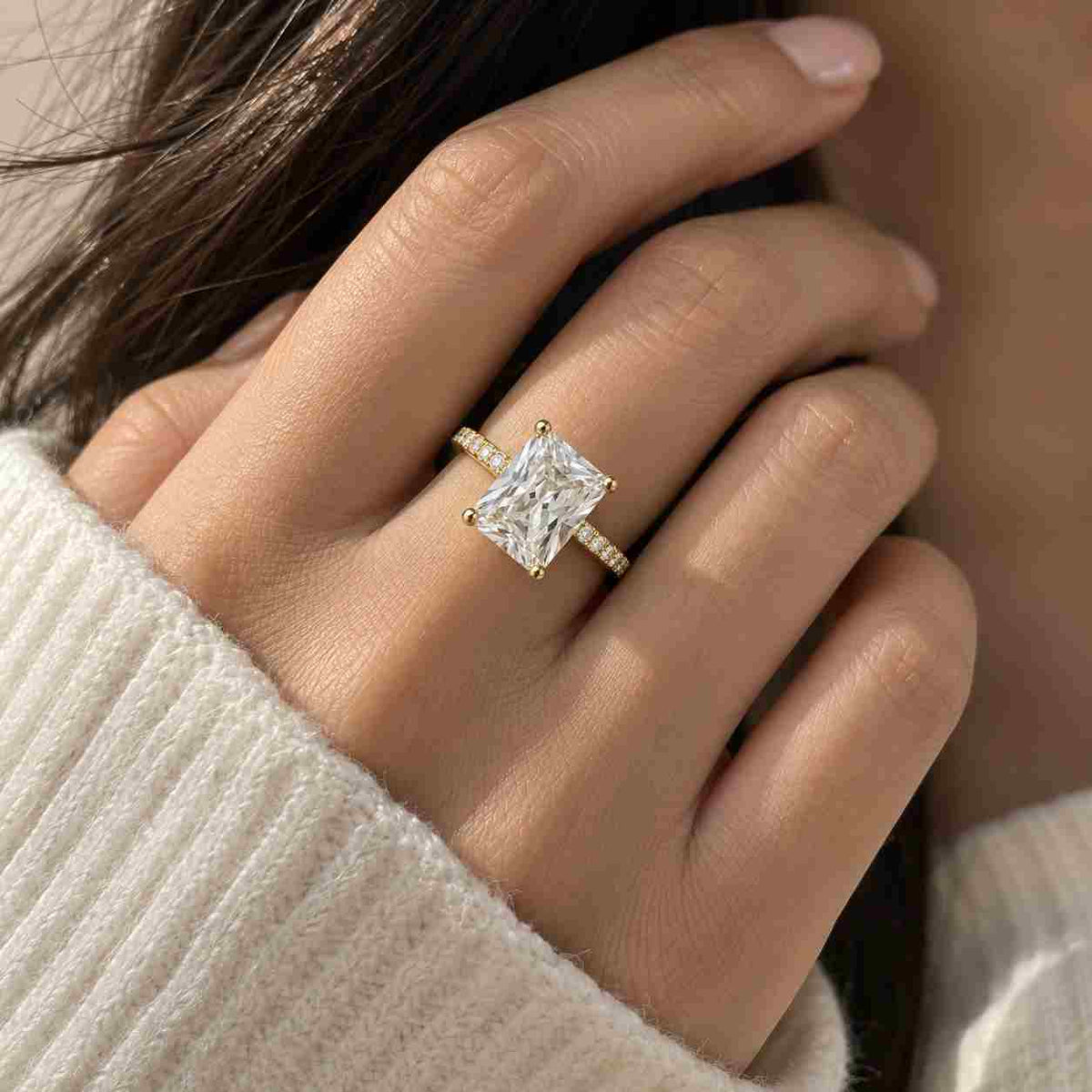 igi certified radiant cut lab grown diamond engagement ring: hidden halo, pave band
