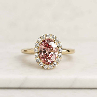 IGI Pink Oval Lab Grown Diamond Halo Engagement Ring, 14K White Gold Fancy Pink Man made Diamond Solitaire Ring, Lab Diamond Ring For Her
