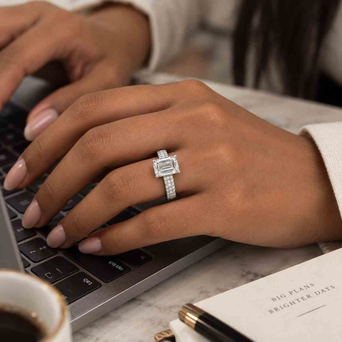 IGI Verified Solid Gold Emerald Cut Lab Grown Diamond Three Stone Engagement Ring
