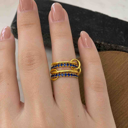 Interlocking Multi Band Ring, Lab Blue Sapphire, Aquamarine Topaz, White Gold Ring