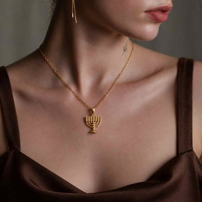 Jewish menorah pendant 9k 14k 18k solid gold ,Rambam menorah religious Jewish pendant Jerusalem holy temple charm
