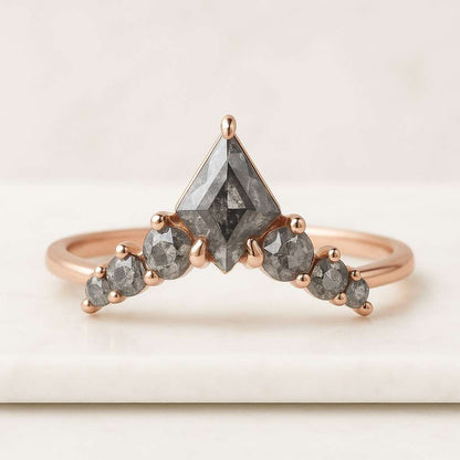 Kite Cut Salt And Pepper Diamond Ring Kite Diamond Ring 14K Solid Rose Gold Silver Kite Engagement Ring Gift For Her