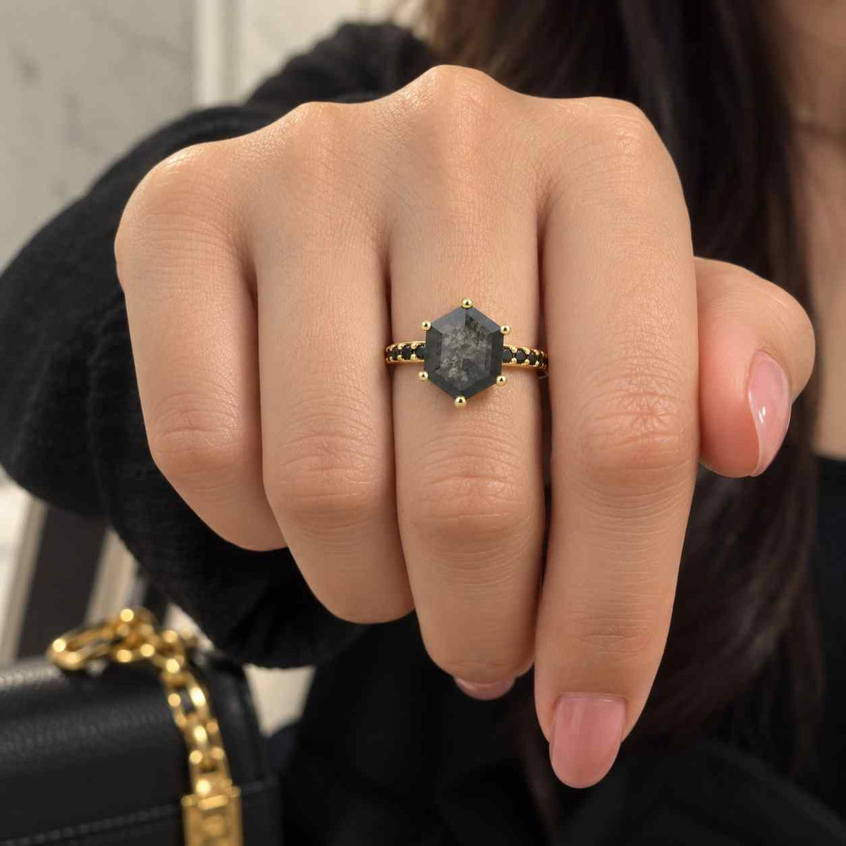 Kite Art Deco Salt & Pepper Diamond Bridal Ring Set
