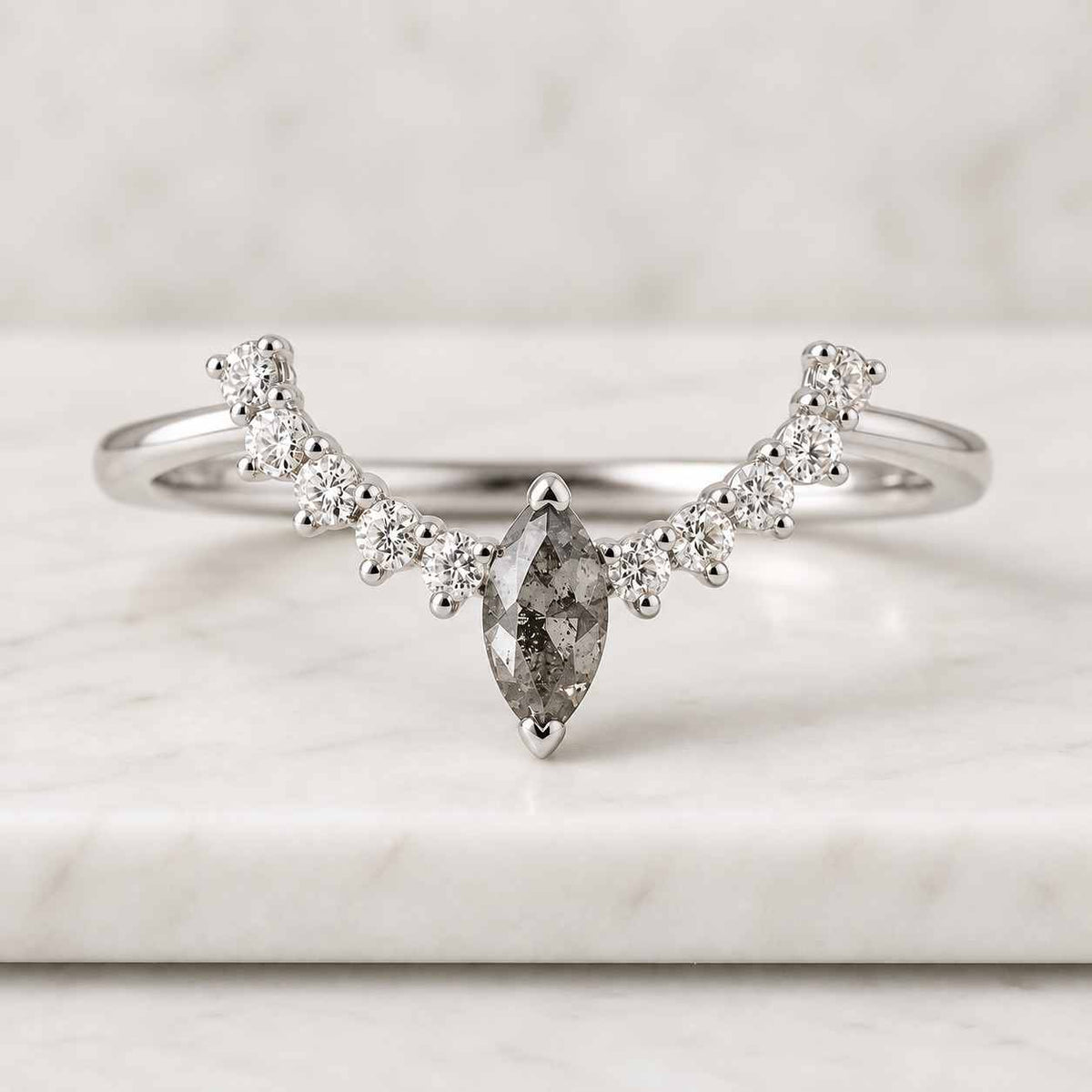 Kite Cut Salt Pepper Diamond Accent Ring, Rustic Diamond Bridal Ring Set, 14K Solid Gold V Shape Curved Band, Lab Diamond Matching Band
