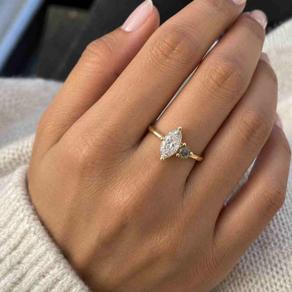 Kite Cut Salt and Pepper Diamond Engagement Ring Set 2pcs White Gold Marquise Diamond Wedding Band Unique Bridal Set Diamond Wedding Ring
