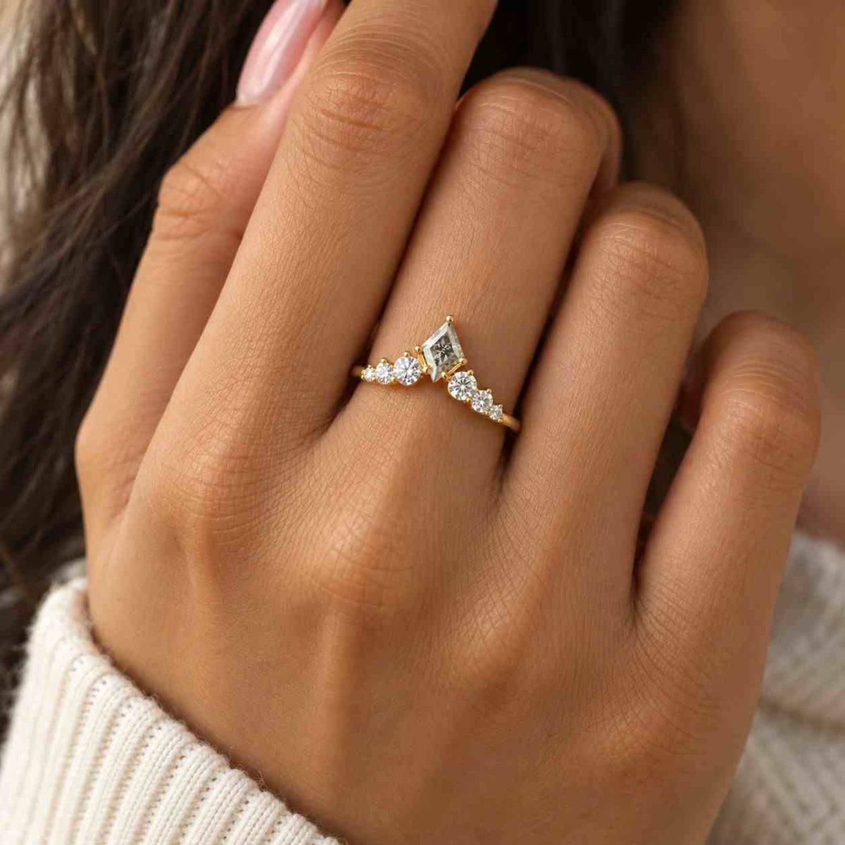 Kite Diamond Salt and Pepper Engagement Ring - 14k Gold Anniversary Gift