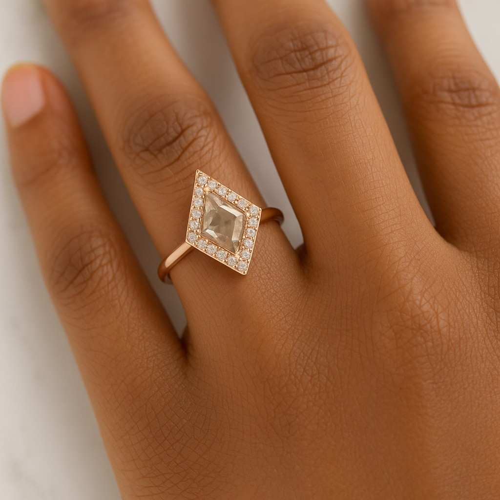 Kite Shape Diamond Ring 2CT Kite Cut Diamond Accented With Graduated Pear And Round Side Stones Featuring V Shaped Engraved Patterns 14K Yellow Solid Gold Band Ring