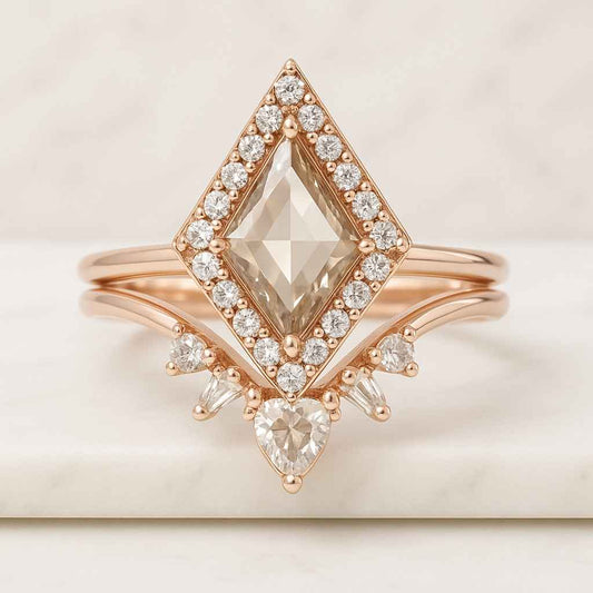 Kite cut Moissanite engagement ring set Unique Rose gold ring Marquise Diamond ring