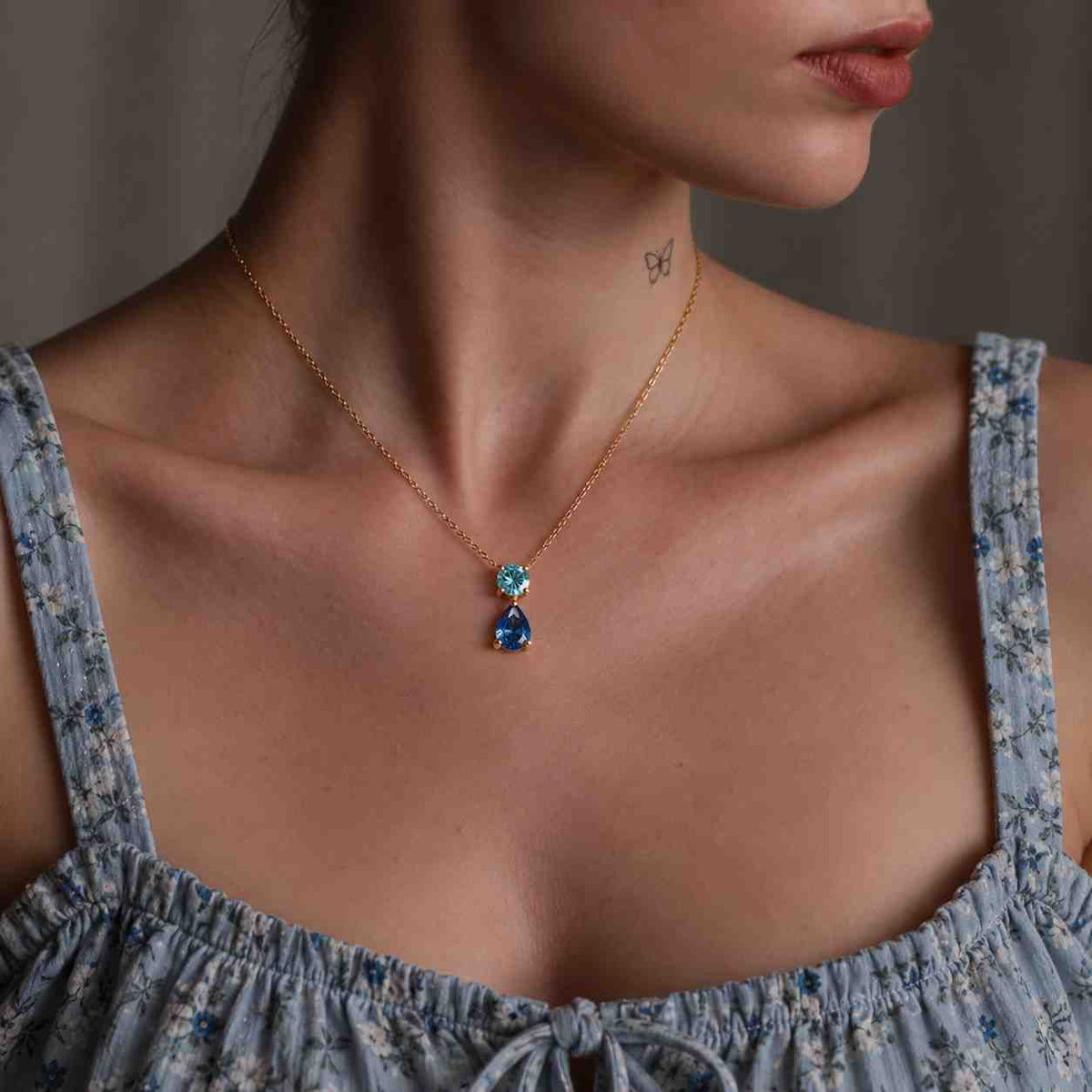 Lab-Created Sapphire and Aquamarine Toi et Moi Necklace, Two Stone Sterling Silver Pendant, Romantic Anniversary Gift for Her
