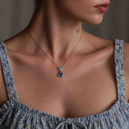 Lab-Created Sapphire and Aquamarine Toi et Moi Necklace, Two Stone Sterling Silver Pendant, Romantic Anniversary Gift for Her
