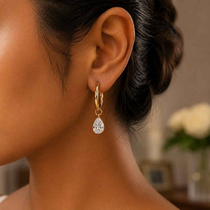 Lab-Grown Diamond Drop Hoop Earring: Floating Pear & Round Brilliance
