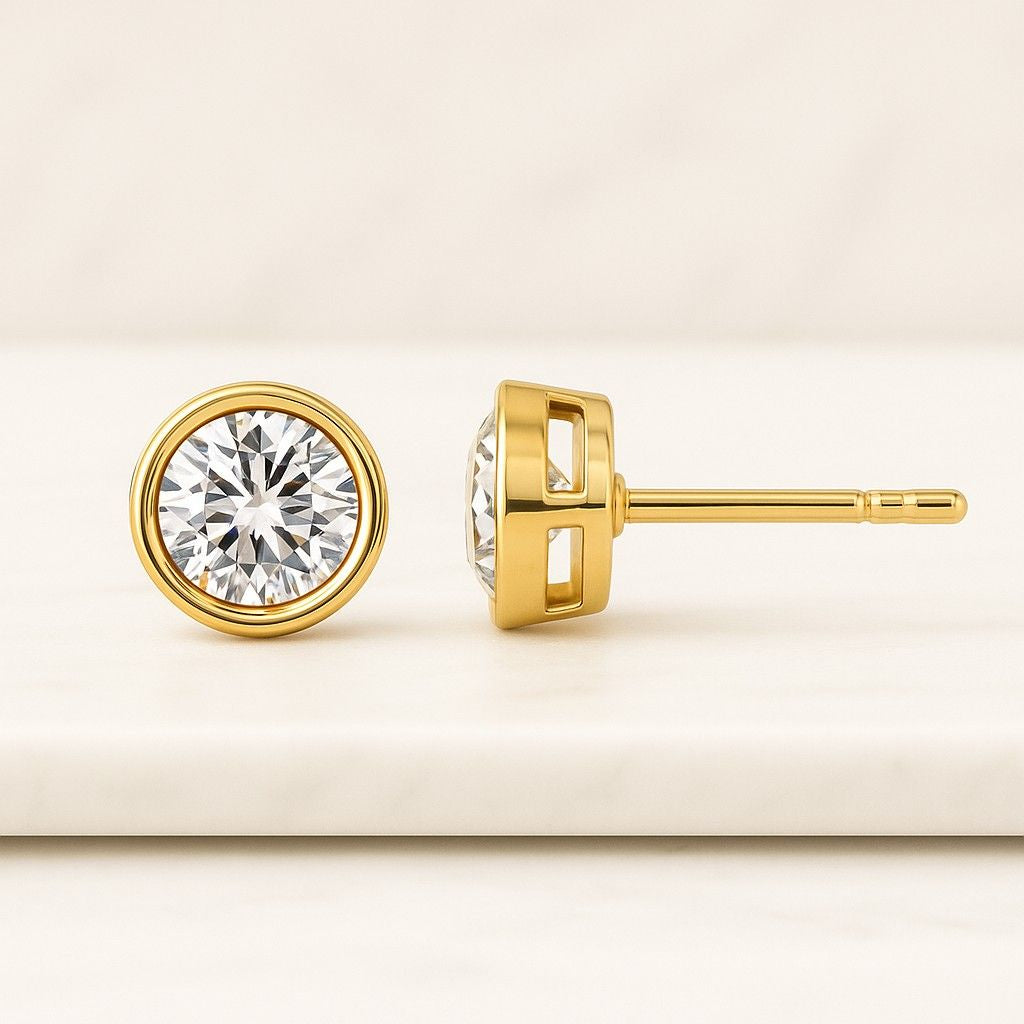 18K Yellow Gold Bezel Set Round Cut Diamond Stud Earrings