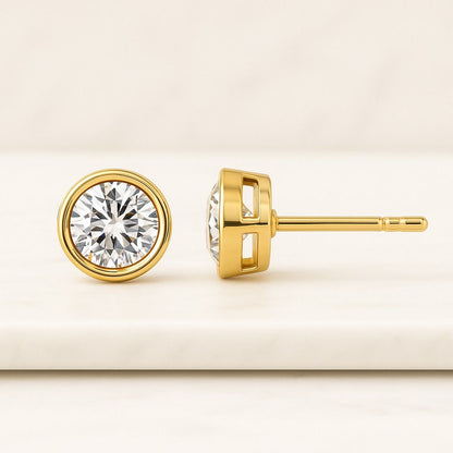 18K Yellow Gold Bezel Set Round Cut Diamond Stud Earrings
