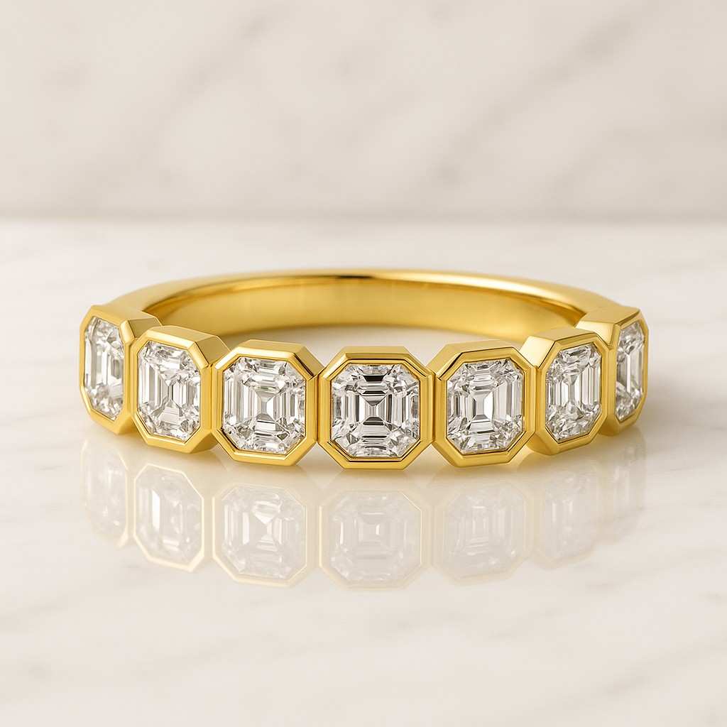 Lab Grown Asscher Cut Diamond Engagement Ring Halo Pave Band