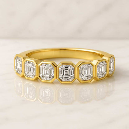 Lab Grown Asscher Cut Diamond Engagement Ring Halo Pave Band