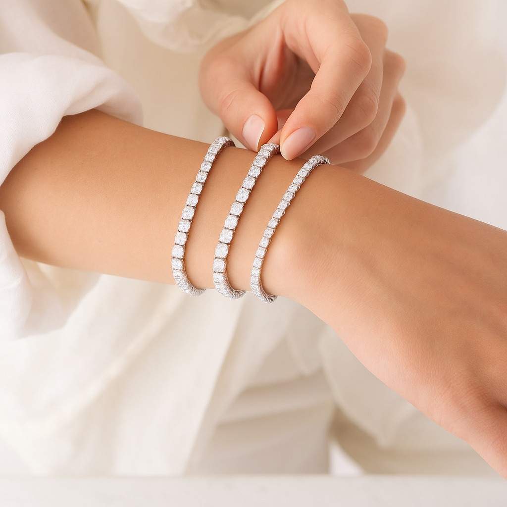 Round Cut Lab Grown Diamond Tennis Bracelet Bezel Moissanite Bracelet CZ Stone Round Cut 18k White Gold Plated Dainty Tennis Bracelet Gift for Her