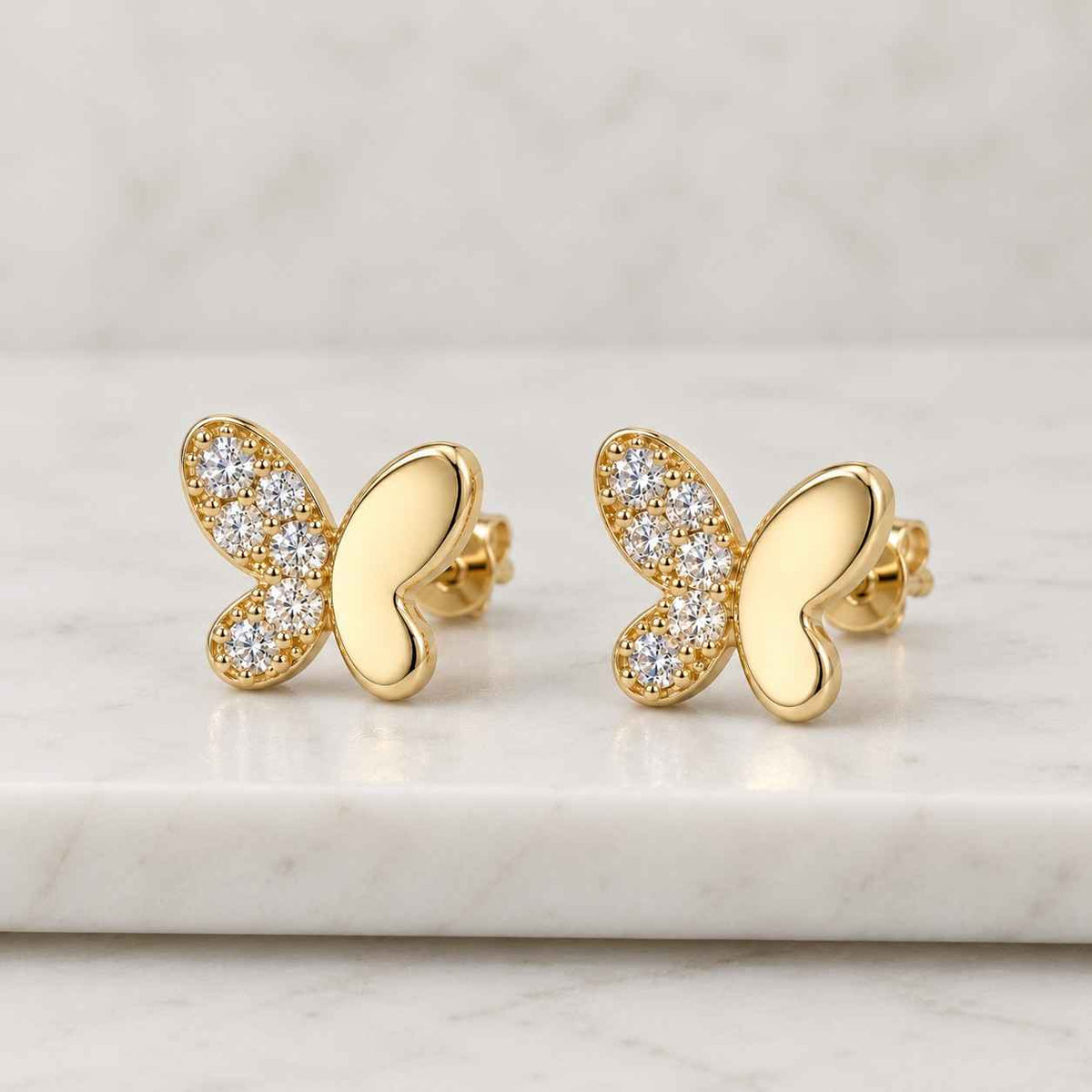 lab diamond butterfly stud earrings: 14k marquise round diamond, everyday jewelry
