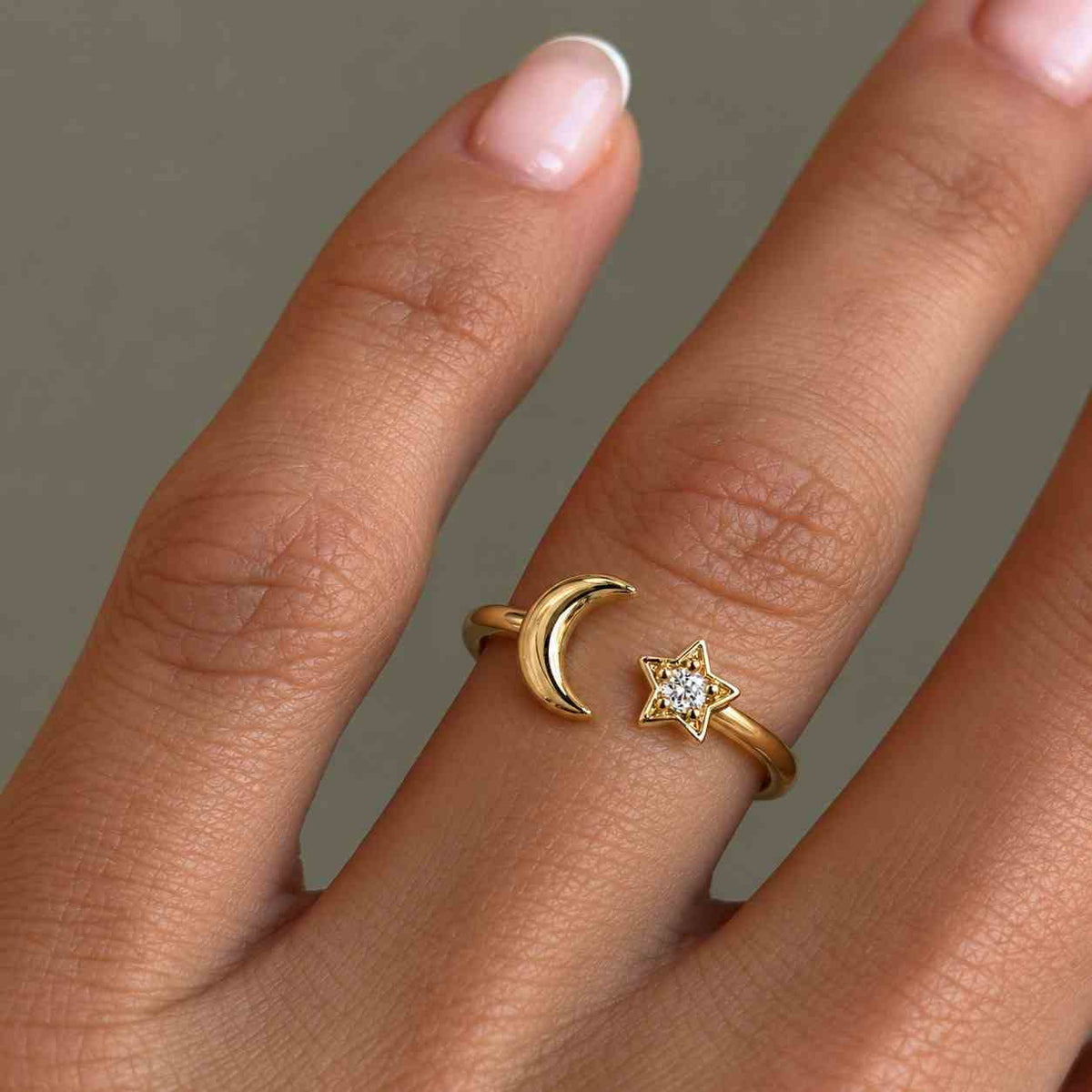 Lab Diamond Moon Star Open Ring Dainty 14k Real Gold Modern Pave Diamond Tiny Stackable Celestial Bypass Band Minimalist Everyday Jewelry
