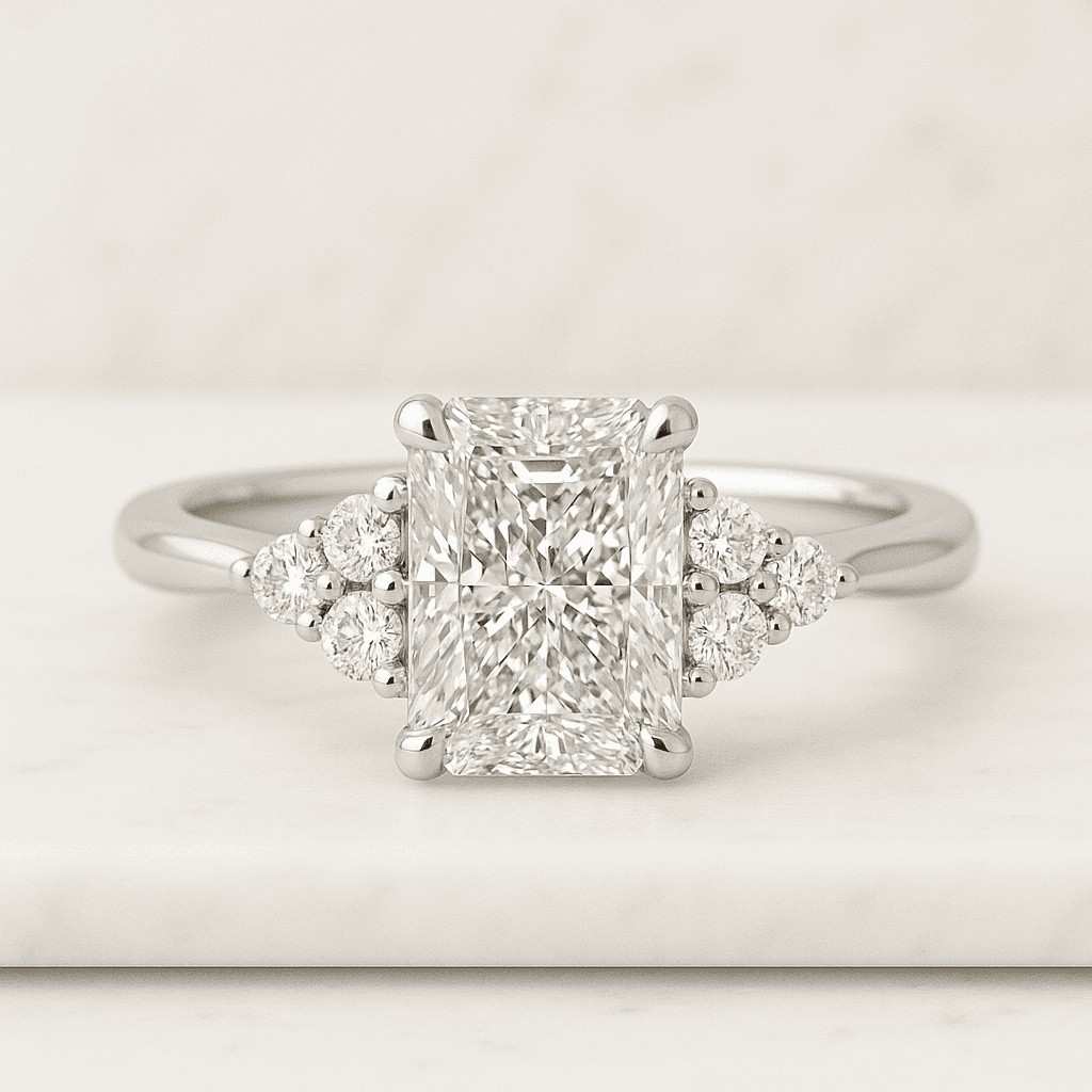 lab diamond tulip setting emerald cut three stone engagement ring  2.5ct diamond  14k white gold wedding ring  pear cut side stone