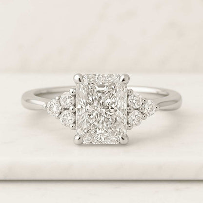 Lab Diamond Tulip Setting Emerald Cut Three Stone Engagement Ring  2.5CT Diamond  14K White Gold Wedding Ring  Pear Cut Side Stone