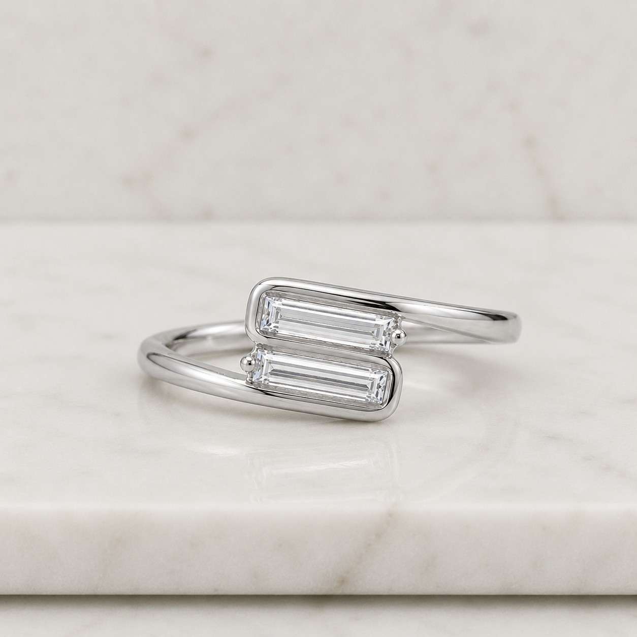 lab grown baguette diamond ring, 14k gold bypass ring, minimalist engagement ring, you & me promise ring, unique anniversary gift for her
