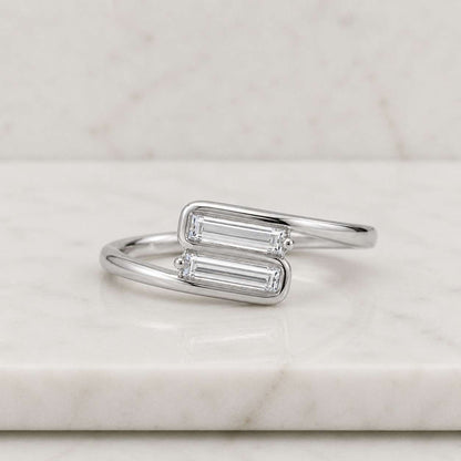 Lab Grown Baguette Diamond Ring, 14k Gold Bypass Ring, Minimalist Engagement Ring, You & Me Promise Ring, Unique Anniversary Gift for Her
