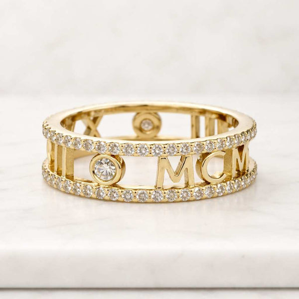 Custom Roman Numeral Band Ring, IGI Certified Round Cut Lab Grown Diamond Ring, Wedding Or Birthday Date Personalized 14k Gold Number Ring
