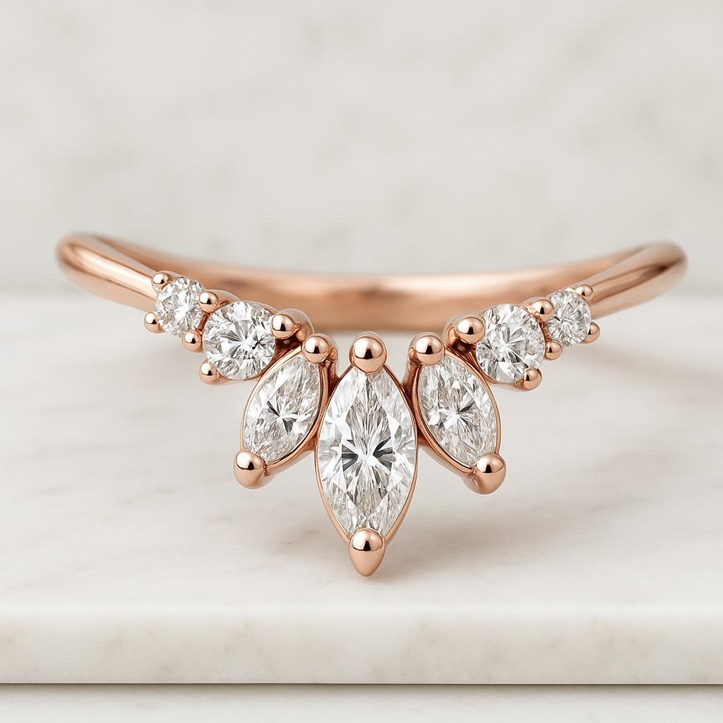 Lab Grown Diamond Band Marquise Wedding Band Half Eternity Band Custom Curved Wedding Band Women's Vintage Rose Gold Marquise Cut Diamond Wedding Band