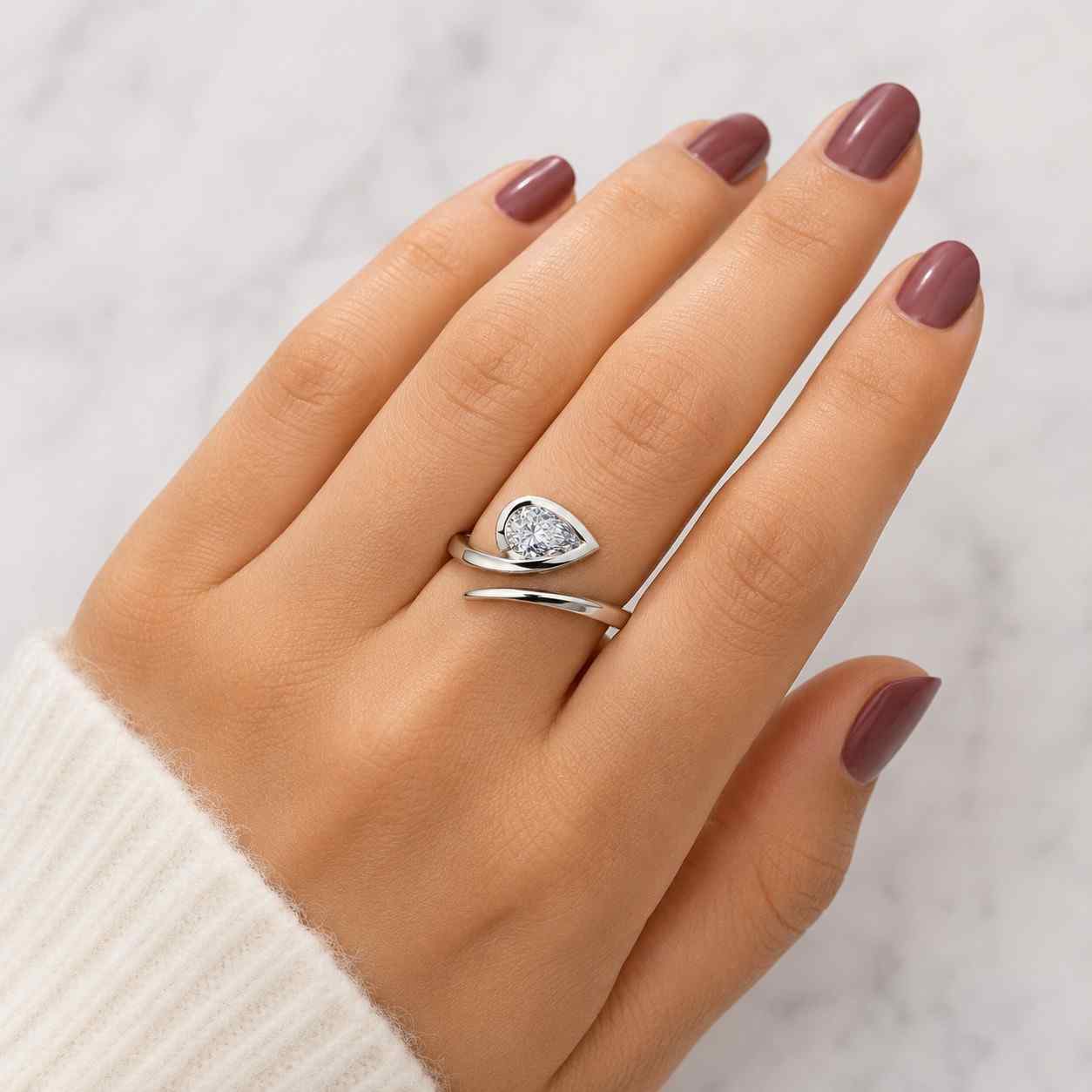 lab grown diamond coil ring, wrap engagement ring, pear marquise asscher diamond ring, open spiral ring, igi certified diamond ring