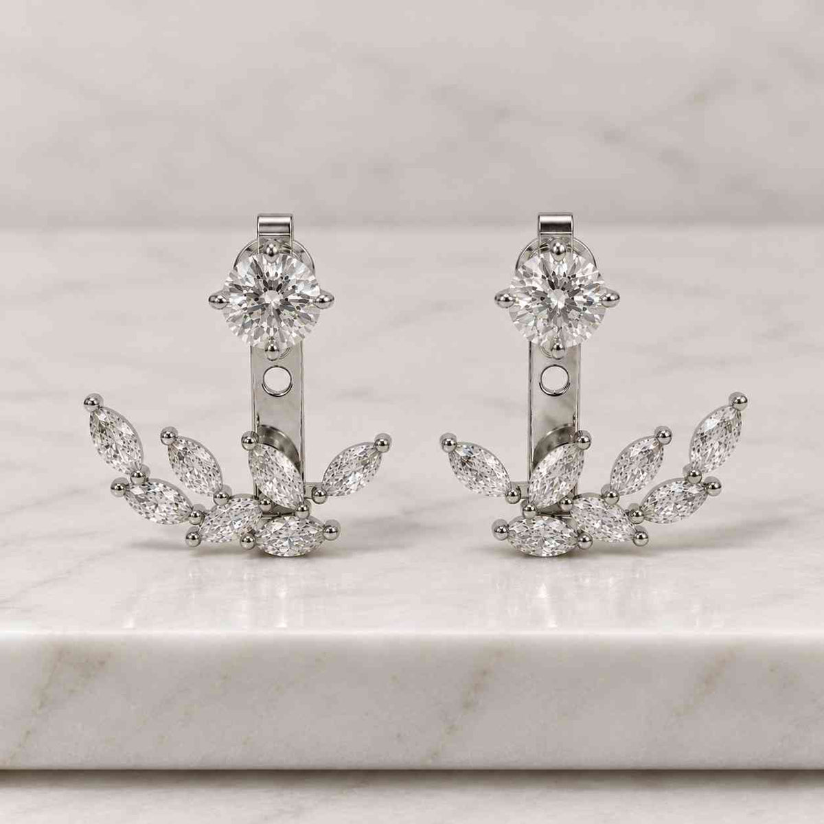 round cut lab grown diamond earrings, round cut diamond jacket earrings, 14k white gold detachable ear jacket earrings
