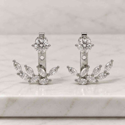 Round cut Lab Grown Diamond Earrings, Round cut Diamond Jacket Earrings, 14k White Gold Detachable Ear Jacket Earrings
